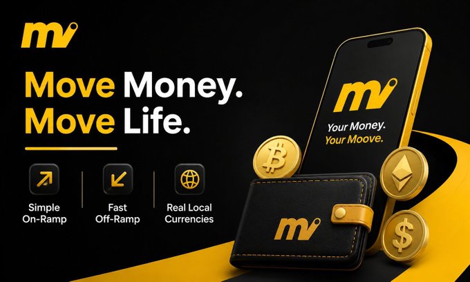 Advertisement for a crypto/financial service with the tagline "Move Money. Move Life." featuring a phone displaying the "moove" logo, a black wallet, and cryptocurrency coins, with features listed: "Simple On-Ramp," "Fast Off-Ramp," and "Real Local Currencies."