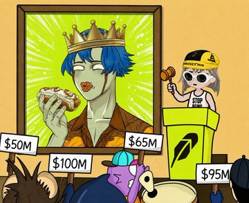 A cartoon auction scene showing a blue-haired crowned figure eating, an auctioneer with a "STOP" hat, and bidders with bid amounts of $50M, $65M, $100M, and $95M.