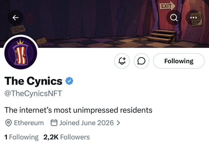 A screenshot of the @TheCynicsNFT Twitter profile, showing 2.2K followers, a "Following" button, and the bio "The internet's most unimpressed residents," representing the NFT project receiving and distributing Early NFT GTD spots to the Ordinals community.
