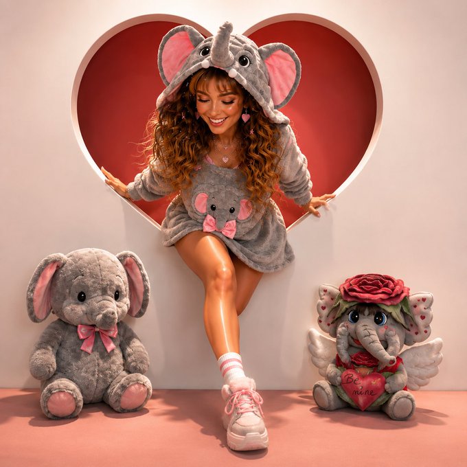 A woman wearing a gray elephant hooded outfit sits in a heart-shaped frame, smiling, flanked by a stuffed elephant and a stuffed elephant holding a "Be Mine" heart with a rose.