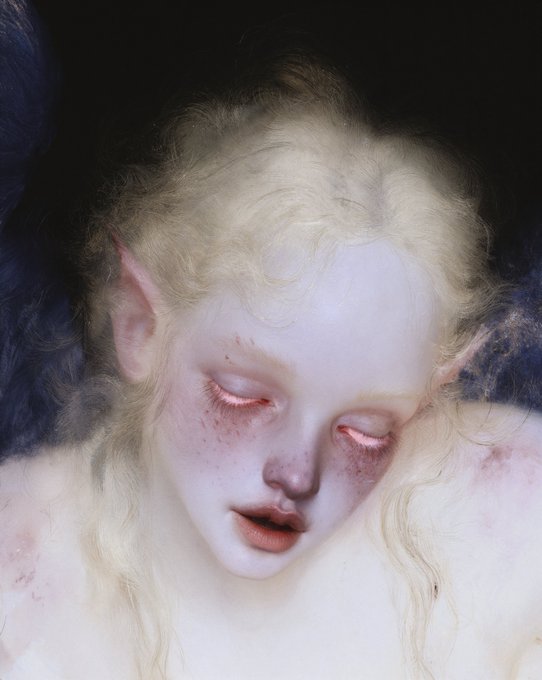 A surreal, ethereal portrait of a pale, elf-like figure with blonde hair, closed eyes, pointed ears, and reddish freckled markings around the eyes, reminiscent of fantasy artwork.