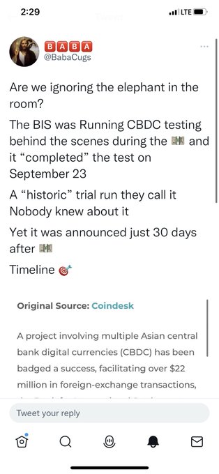 A Twitter screenshot from @BabaCugs discussing BIS running CBDC testing and citing Coindesk as the original source.