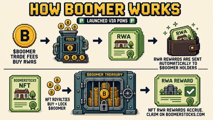 A pixel-art infographic titled "HOW BOOMER WORKS" illustrates the $BOOMER ecosystem's two-sided mechanism: traders use $BOOMER to pay fees and buy RWA (Real World Asset) tokens launched via PONS, which automatically distributes RWA rewards to $BOOMER holders, while Boomerstocks NFTs generate royalties that buy and lock $BOOMER in the $BOOMER Treasury, accruing NFT RWA rewards claimable on boomerstocks.com.