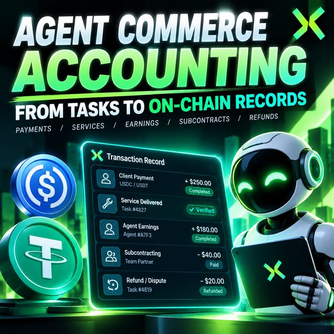 A promotional graphic titled 'AGENT COMMERCE ACCOUNTING: FROM TASKS TO ON-CHAIN RECORDS' featuring a green robot holding a tablet that displays transaction records including Client Payment, Service Delivered, Agent Earnings, Subcontracting, and Refund/Dispute, with USDT and dollar coin icons nearby.
