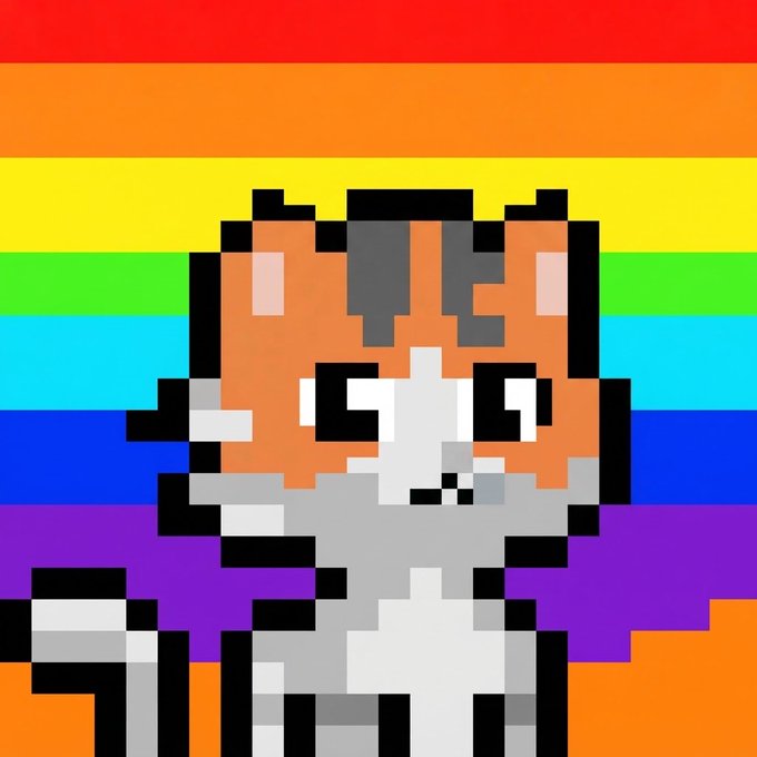 A pixel art depiction of a calico cat with starry eyes sitting against a background of the rainbow pride flag.