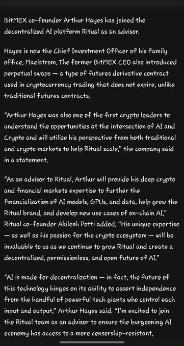 The image shows a black background with white text that reads "bitmex co-founder arthur hayes joined @ritualnet as an advisor in 2024. He clarified he' s not an investor, at least not before joining." The text is written in a cursive font and is positioned above the image.
