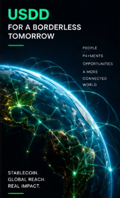 An advertisement for USDD stablecoin featuring a glowing globe with connected networks, promoting 'a borderless tomorrow' and 'people, payments, opportunities'.