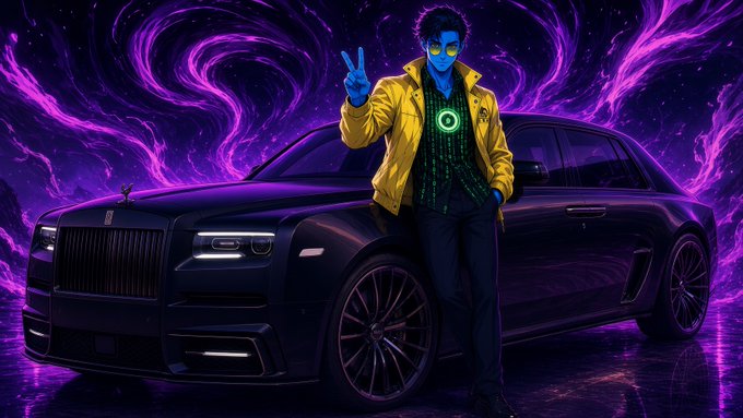 A stylized digital artwork depicts a blue-skinned figure with glowing eyes wearing a yellow jacket, flashing a peace sign while leaning against a black Rolls-Royce against a swirling purple cosmic background.
