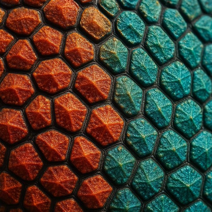 A textured close-up pattern of hexagonal tiles split between glossy orange/copper on the left and iridescent teal/blue on the right.