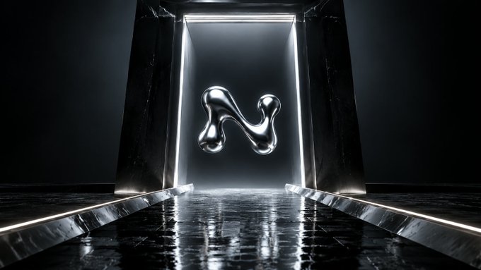 A chrome "N" letterform hovers within an illuminated portal-like archway, reflecting on a glossy marble floor. The sleek, metallic logo paired with the caption "This will cook hard" suggests a teaser for an upcoming launch, likely tied to the Nothing brand (known for its minimalist aesthetic) hinting at intense performance.