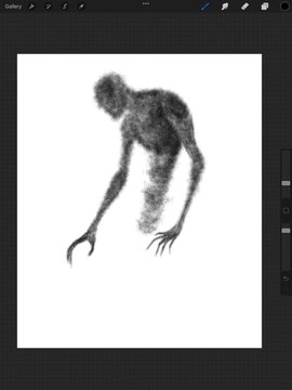 The image features a black and white drawing of a person's hand reaching out towards something, possibly an object or another person. The drawing appears to be done with pencils, giving it a sketchy appearance. The background of the image is plain white, which contrasts with the dark figure in the foreground. There are no other objects or texts present in the image, and the focus seems to be on the hand reaching out towards something.