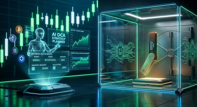 A futuristic digital scene featuring an AI DCA Strategy Planner hologram with charts and cryptocurrency symbols next to a glass vault containing a BTC physical coin.