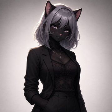A digital illustration of an anime-style character with cat ears, silver-white hair, and dark skin wearing a black suit against a gray background.