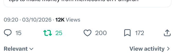The image shows engagement metrics on a post: 12K views, 15 comments, 25 reposts, 200 likes, and 172 bookmarks, posted at 09:20 on 03/10/2026. It directly supports the caption by visually confirming the impressive reach (12K views) and the surprising 172 bookmarks the user is questioning.