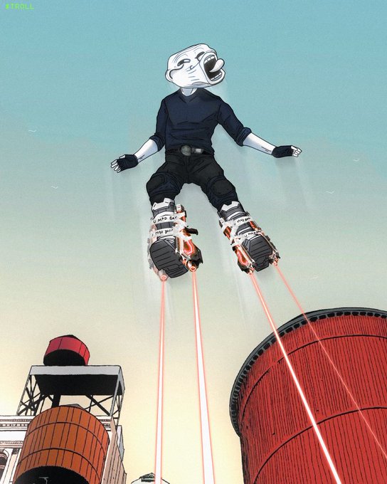 A stylized digital artwork showing a figure with a blank/screaming mask wearing dark clothing and futuristic jet boots, hovering in the air with red laser-like propulsion streams shooting downward toward buildings below.
