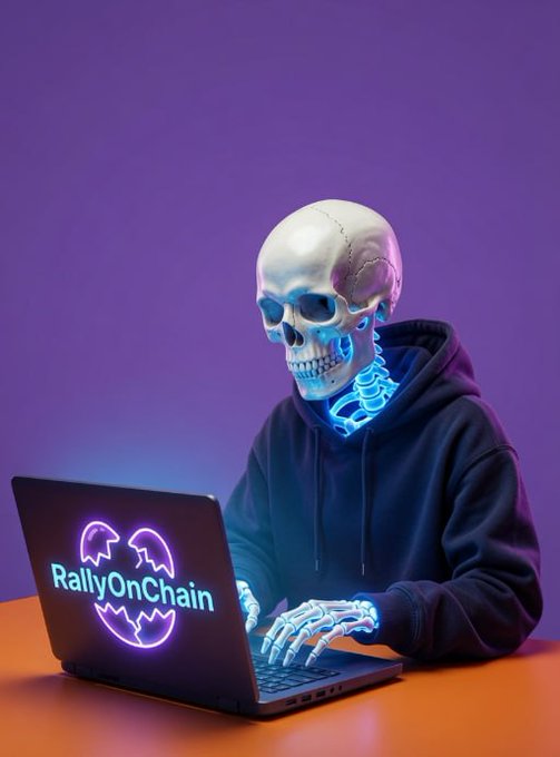 The image features a skeleton wearing a hoodie sitting at a desk with an open laptop computer, which has neon lights glowing around its edges. The skeleton appears to be working or studying using the laptop. The background of the image is purple, creating a unique atmosphere for this scene.