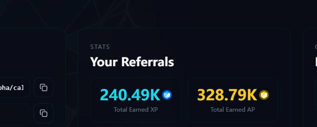 A dark dashboard screenshot showing 'Your Referrals' stats with '240.49K Total Earned XP' (blue) and '328.79K Total Earned AP' (yellow).