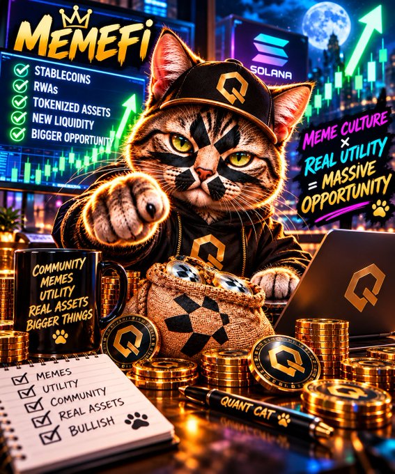 A vibrant promotional graphic for 'MEMEFI' on the Solana blockchain, featuring an anthropomorphic cat wearing a cap, surrounded by gold coins, a 'QUANT CAT' pen, and lists of crypto features like 'STABLECOINS' and 'RWAS'.