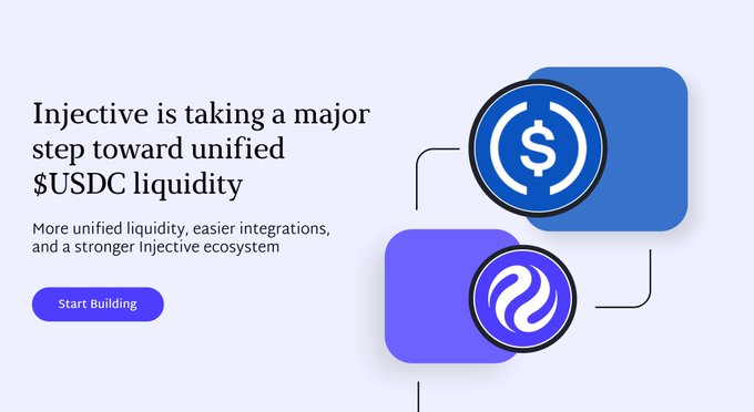 Promotional graphic for Injective with text 'Injective is taking a major step toward unified $USDC liquidity' and a 'Start Building' button.