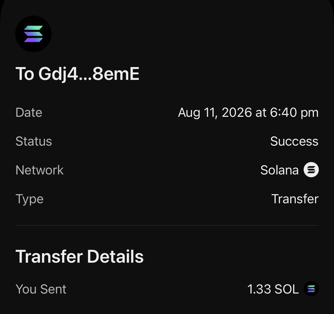 A Solana transaction confirmation showing a successful transfer of 1.33 SOL to address Gdj4...8emE on Aug 11, 2026, likely representing the $100 payment referenced in the post.