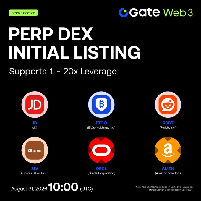 Gate Web3's Perp DEX Stocks Section is launching with an initial listing featuring JD, BTGO, RDDT, SLV, ORCL, and AMZN, with trading set to begin on August 31, 2026 at 10:00 UTC and support for 1–20x leverage.
