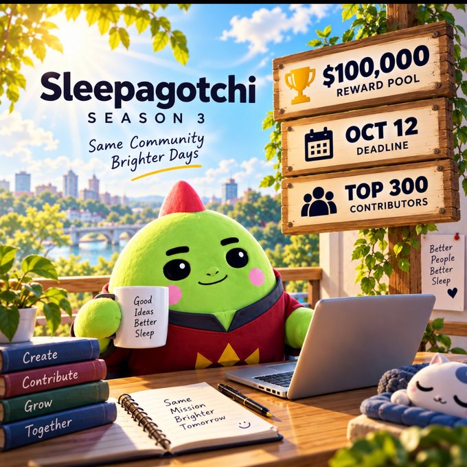 A promotional poster for 'Sleepagotchi Season 3' featuring a green pear-like mascot character at a desk with a laptop and coffee mug, advertising a $100,000 reward pool with an October 12 deadline for top 300 contributors.