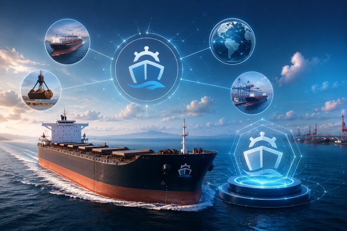 A large cargo ship sails on the ocean beneath a blue sky, overlaid with digital holographic icons including a ship, globe, crane, and a stylized logo with a ship's wheel and crown symbolizing the maritime industry.