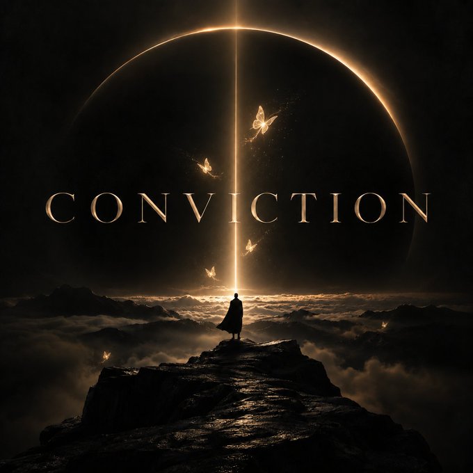 A dramatic, dark fantasy-style movie poster or book cover titled 'CONVICTION' in gold lettering, showing a silhouetted cloaked figure standing on a rocky peak above clouds, with glowing butterflies and a large celestial sphere split by a beam of light in the background.