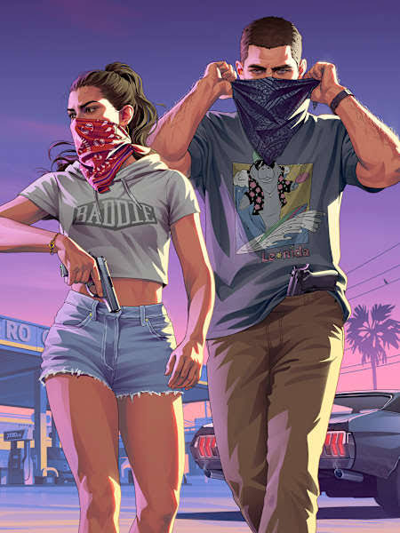 Digital artwork of a man and woman in streetwear, with bandanas covering their lower faces, walking in a stylized sunset-lit urban setting; the woman wears a 'BATTLE' shirt and holds a pistol.