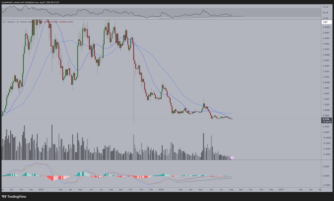 A TradingView chart of TOTAL3 (Total Market Cap excluding BTC and ETH) is displayed, showing a prolonged downtrend from late 2024 highs followed by a period of consolidation near the 0.85T support level. The MACD indicator at the bottom shows a bullish crossover forming, visually supporting the post's claim of "massive bullish divergences" and the trader's accumulation of $SUI while awaiting a potential altcoin recovery.