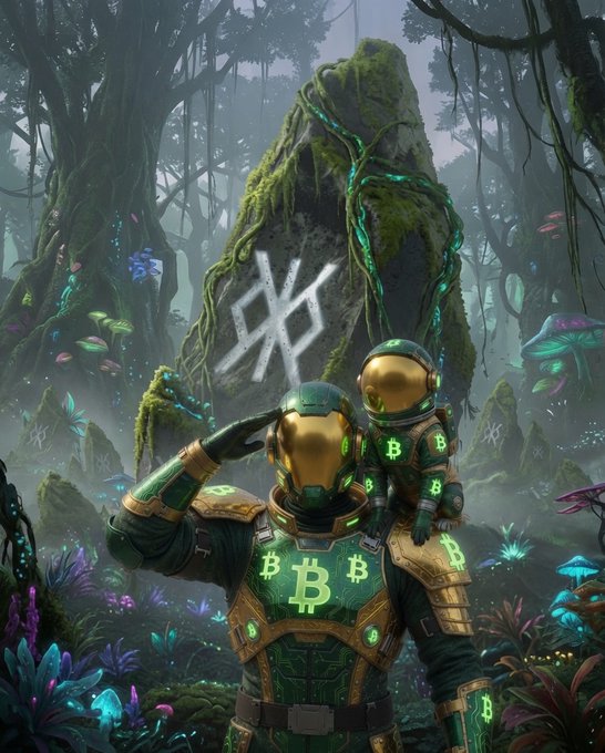 Two armored astronauts in Bitcoin-branded gear salute in a misty alien jungle, with one saluting a moss-covered runestone etched with a symbol resembling a stylized "B." The Bitcoin "₿" insignia prominently displayed on their armor connects to the post's crypto-themed salute.