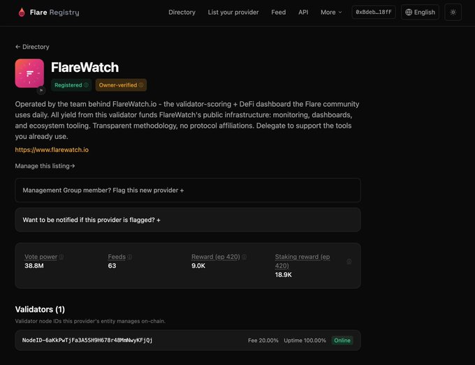 A dark-themed webpage from the Flare Registry showing details for 'FlareWatch', including vote power of 38.8M and a validator node listed as online.