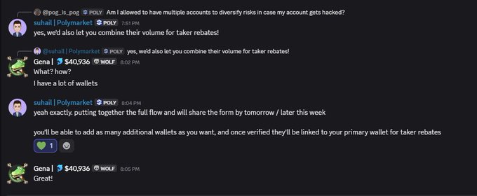 A Discord conversation between users 'suhail | Polymarket' and 'Gena | WOLF' ($40,936) discussing whether multiple accounts can be used to combine volume for taker rebates on Polymarket, with suhail confirming that additional wallets can be linked once verified.