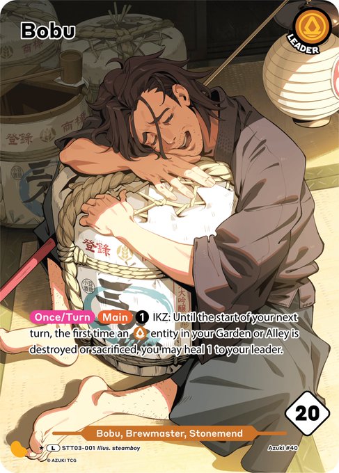 The image shows an Azuki TCG trading card featuring "Bobu, Brewmaster, Stonemend," a character sleeping peacefully against a sake barrel, with the card number STT03-001 and 20 power. The accompanying post highlights how Azuki's "impeccable art" is drawing new fans to the TCG, with this beautifully illustrated card serving as a prime example of the high-quality artwork that originally attracted collectors to the brand.