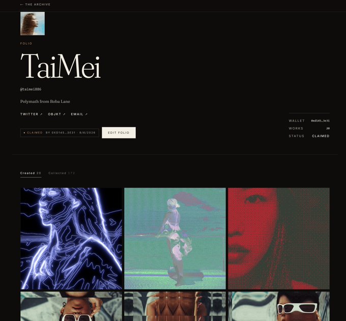 A digital portfolio page from "The Archive" showcasing artist TaiMei (@taimei886), described as a "Polymath from Boba Lane," with a wallet address 0xd145...3c31, 20 works created, and 17 collected. The page displays a grid of surreal digital artworks featuring stylized figures and neon aesthetics, with the caption noting the artist's appreciation for their trace on the platform.