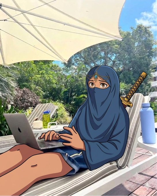 An illustrated figure wearing a niqab with a sword strapped to their back works on a MacBook while lounging on a poolside chair under an umbrella, blending a laid-back tropical setting with a warrior aesthetic that mirrors the post's "make money" grind energy.