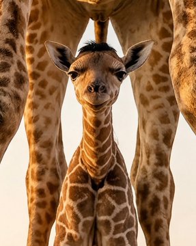 A close-up photograph shows a baby giraffe standing between the legs of an adult giraffe, looking directly at the camera.