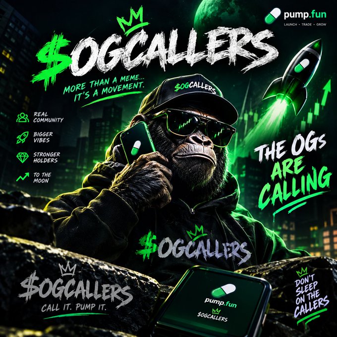 A promotional graphic for '$OGCALLERS' on pump.fun featuring a gorilla wearing sunglasses and a cap holding a phone, with text including 'THE OGS ARE CALLING' and 'MORE THAN A MEME... IT'S A MOVEMENT.'