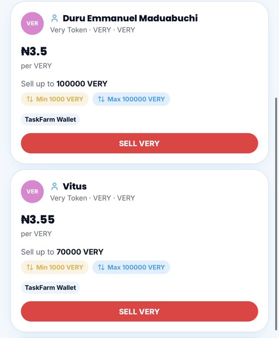 The image shows two P2P sell listings for Very Token (VERY) on TaskFarm: "Duru Emmanuel Maduabuchi" offering up to 100,000 VERY at ₦3.5 each, and "Vitus" offering up to 70,000 VERY at ₦3.55 each, both with minimum purchase of 1,000 VERY. This illustrates the competitive pricing mentioned in the post, with two different sellers offering VERY tokens at slightly different rates on the TaskFarm marketplace.