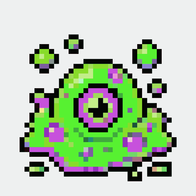 A pixel-art rendering of a bubbling, glowing green cauldron filled with magenta liquid, with smaller green orbs floating around it.