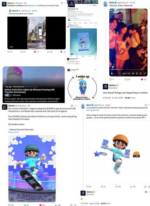 A screenshot of various social media posts highlighting collaborations and announcements involving Solana ($SOL), including Grammy-winning artist Solange, Treacher the Genie ($TRENCHER) takeovers in Tokyo, Shibuya Crossing, and the London Eye, along with engagement metrics and dates ranging from July to August 2026. The posts reference the "$TRENCHER" token, connecting to the user's caption about "noticing things" related to these high-profile crypto marketing campaigns.