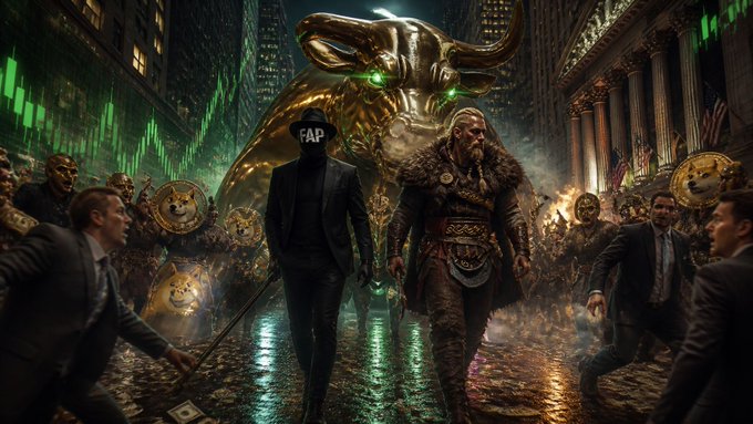 A man in a black suit with a 'FAP' logo hat stands alongside a Viking-like figure in front of a giant golden bull statue, flanked by suited men holding Dogecoin tokens in a dramatic Wall Street-style setting.