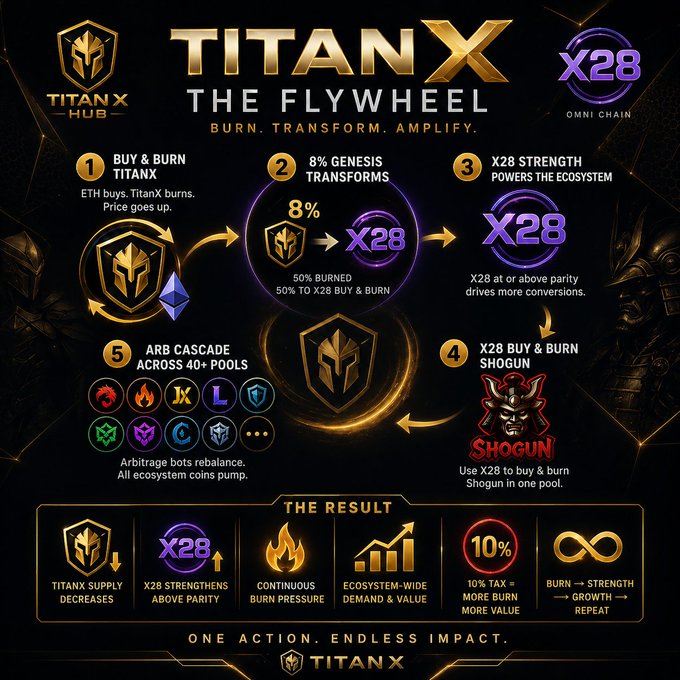 An infographic titled 'TITAN X THE FLYWHEEL' detailing a 5-step crypto ecosystem involving TitanX, X28, and Shogun, explaining burn mechanics, transformations, and arbitrage cascades with the tagline 'ONE ACTION. ENDLESS IMPACT.'