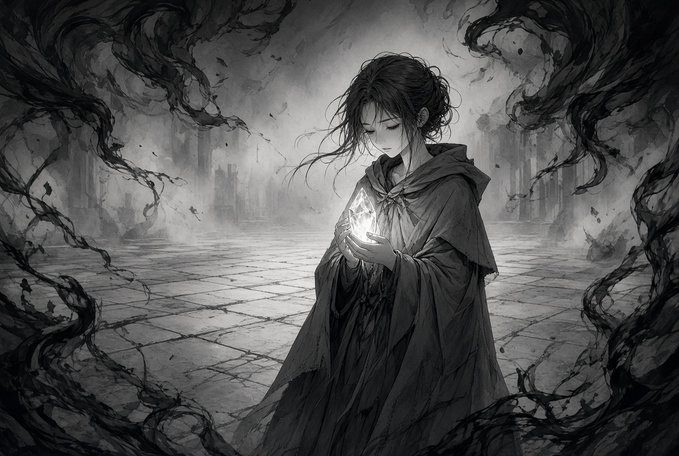 A hooded figure in dark robes cradles a glowing flame within a shattered, monochromatic world, symbolizing the fragile preservation of light amid decay—mirroring how reputation must be safeguarded as a precious, vulnerable asset against a hostile environment.