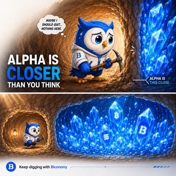 An advertisement for Biconomy featuring a cartoon owl miner in a cave discovering blue crystal tokens marked with 'B' and a Bitcoin symbol, with text reading 'ALPHA IS CLOSER THAN YOU THINK' and 'Keep digging with Biconomy'.