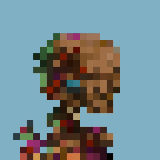 A heavily pixelated image shows a figure with green hair against a light blue background, resembling a stylized retro video game sprite.
