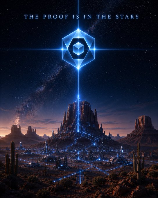 The image features a poster for a movie called "The Proof Is In The Stars", which has a desert landscape with mountains, cacti, and a starry sky as its backdrop. The title of the movie is prominently displayed at the top in white text against a dark blue background. Below this, there's a quote that reads: "The proof is in the stars".