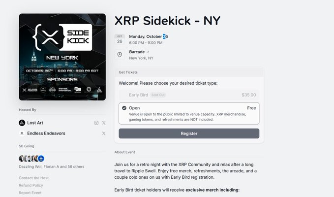 An event registration page for 'XRP Sidekick - NY' taking place Monday, October 26 from 6:00 PM - 9:00 PM at Barcade in New York, NY, hosted by Lost Art and Endless Endeavors, with Early Bird tickets sold out at $35 and free Open registration available.