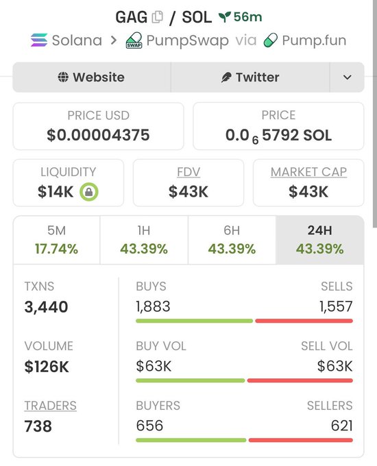 DexScreener token page for GAG/SOL on Solana via PumpSwap and Pump.fun, showing price of $0.00004375, market cap $43K, and 24H gain of 43.39%.