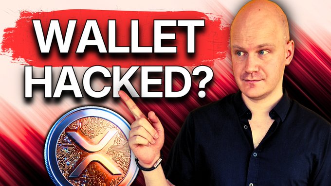 A YouTube-style thumbnail shows a bald man pointing at text reading 'WALLET HACKED?' next to a large image of an XRP cryptocurrency coin.